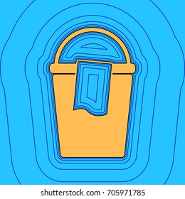 Bucket and a rag sign. Vector. Sand color icon with black contour and equidistant blue contours like field at sky blue background. Like waves on map - island in ocean or sea.