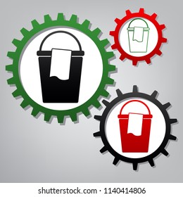 Bucket and a rag sign. Vector. Three connected gears with icons at grayish background.