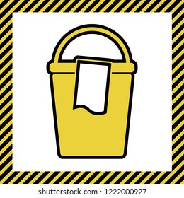 Bucket and a rag sign. Vector. Warm yellow icon with black contour in frame named as under construction at white background. Isolated.