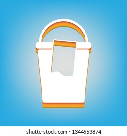 Bucket and a rag sign. Vector. White icon with 3d warm-colored gradient body at sky blue background.