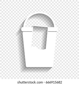 Bucket and a rag sign. Vector. White icon with soft shadow on transparent background.