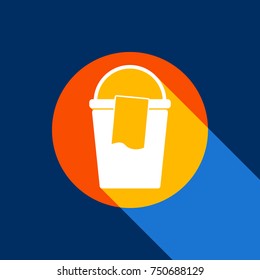 Bucket and a rag sign. Vector. White icon on tangelo circle with infinite shadow of light at cool   background. Selective yellow and bright navy blue are produced.