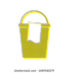 Bucket and a rag sign. Vector. Yellow icon with square pattern duplicate at white background. Isolated.