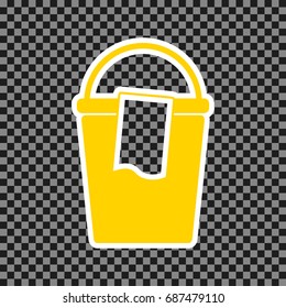 Bucket and a rag sign. Vector. Yellow icon with white contour on dark transparent background.