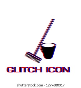 Bucket and rake for the sandboxes icon flat. Simple pictogram - Glitch effect. Vector illustration symbol