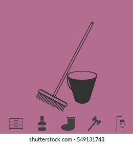 Bucket and rake for the sandboxes icon flat. Simple vector grey pictogram and bonus symbol