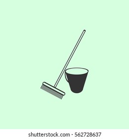 Bucket and rake for the sandboxes icon flat. Grey vector symbol on green background