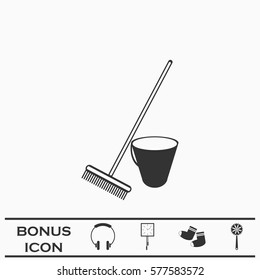 Bucket and rake for the sandboxes icon flat. Black pictogram on white background. Vector illustration symbol and bonus button