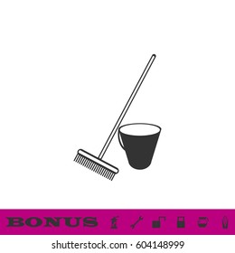Bucket and rake for the sandboxes icon flat. Black pictogram on white background. Vector illustration symbol and bonus button