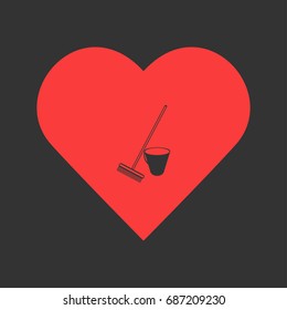 Bucket and rake for the sandboxes icon flat. Simple pictogram on heart background. Vector illustration symbol