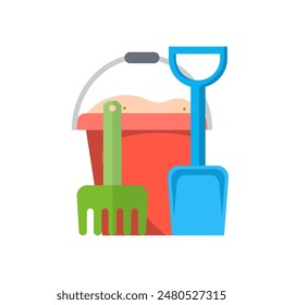 Bucket, rake and shovel with sand icon , kid toys tools symbol, vector illustration in flat design