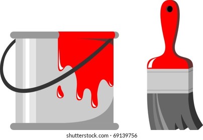 A bucket of red paint and a brush