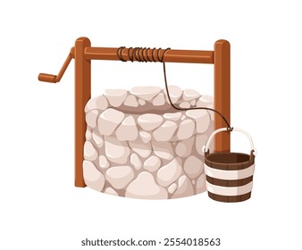 Bucket with rope, well from stone. Traditional rural country construction, hydration utility. Old countryside structure for drawing water. Flat vector illustration isolated on white background