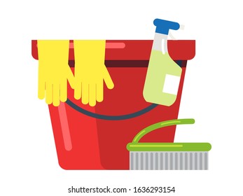 Bucket, rubber gloves, detergent in plastic bottle with sprayer, brush. Household objects standing on white. Housekeeping supplies. Cleaning service design. Vector cartoon flat illustration