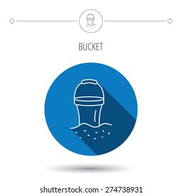 Bucket in sand icon. Trash bin sign. Child beach game symbol. Blue flat circle button. Linear icon with shadow. Vector