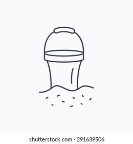 Bucket in sand icon. Trash bin sign. Child beach game symbol. Linear outline icon on white background. Vector