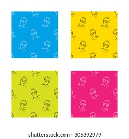 Bucket in sand icon. Trash bin sign. Child beach game symbol. Textures with icon. Seamless patterns set. Vector