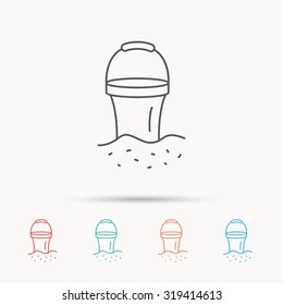 Bucket in sand icon. Trash bin sign. Child beach game symbol. Linear icons on white background. Vector