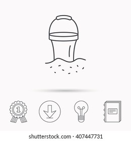 Bucket in sand icon. Trash bin sign. Child beach game symbol. Download arrow, lamp, learn book and award medal icons.