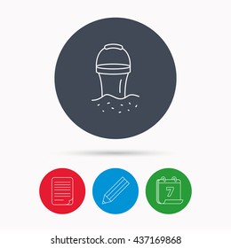 Bucket in sand icon. Trash bin sign. Child beach game symbol. Calendar, pencil or edit and document file signs. Vector