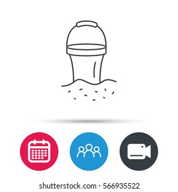 Bucket in sand icon. Trash bin sign. Child beach game symbol. Group of people, video cam and calendar icons. Vector