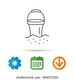 Bucket in sand icon. Trash bin sign. Child beach game symbol. Calendar, cogwheel and download arrow signs. Colored flat web icons. Vector