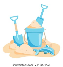 A bucket with sand, shovels and a dolphin toy for creating sand figures. Children's toys for the sandbox, blue. Vector illustration on a white background.