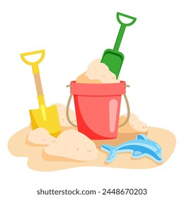 Ein Eimer mit Sand, Schaufeln und einem Delfinspielzeug zum Erstellen von Sandfiguren. Kinderspielzeug für den Sandkasten. Vektorillustration auf weißem Hintergrund.