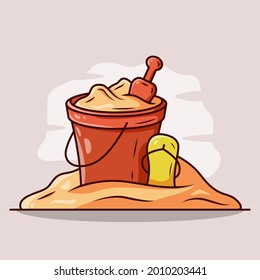 Bucket and sand with slipper in beach vector cartoon illustration. summer. beach. isolated