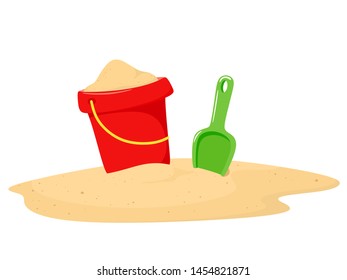 A bucket of sand and a spatula is standing on the sand. Vector illustration in cartoon style on a white background.