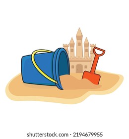bucket with sandpit kit,ball, sand castle in the beach flat vector icon logo design illustration wallpaper background
