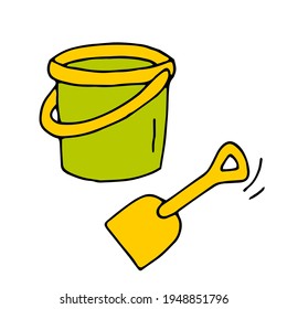 Bucket and scoop. Kids toys. Sandbox. Beach. Spatula. Vector. Doodle. Hand-drawn illustration.