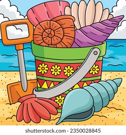 Bucket of Seashells Summer Colored Cartoon 