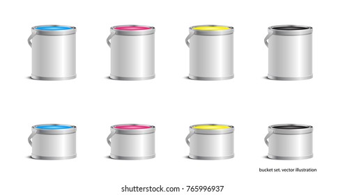 Bucket Set Container Mock Up. RGB, CMYK colors.  Container for paint products, food products, inks, paints, varnish, glue . With lid and handle. Vector Illustration