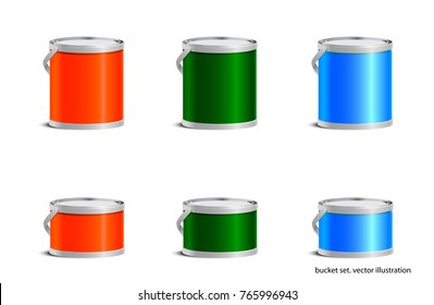 Bucket Set Container Mock Up. RGB, CMYK colors.  Container for paint products, food products, inks, paints, varnish, glue . With lid and handle. Vector Illustration