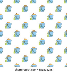Bucket and shovel for children sandbox pattern seamless repeat in cartoon style vector illustration