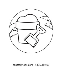 bucket and shovel in frame circular with leafs tropicals