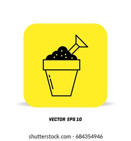 bucket and shovel on pile of sand. Beach toys in sandpit. Vector art on white isolated background