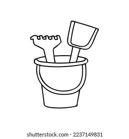 Bucket with shovel and rake toy object for small children to play. Bucket shovel and rake toy doodle illustration in vector. Baby bucket with shovel and rake hand drawn icon.