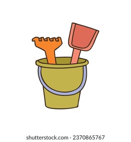 Bucket with shovel and rake toy object for small children to play colorful doodle illustration in vector. 