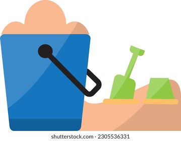 Bucket and shovel with sand flat icon vector illustration, kids toy tool symbol, shovel bucket label, sticker modern design, sandbox place badge ribbon, logo concept.