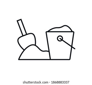 Bucket and shovel with sand vector illustration flat icon isolated, kids toys tools symbol, bucket shovel tag, bucket and shovel modern design poster.
