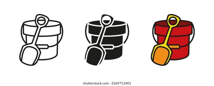 Bucket and shovel toy icon. Sandbox toys vector illustration. Beach spade and pail symbol. Children outdoor toys sign. Childhood summer leisure pictogram. Kids play sand bucket and spatula concept.