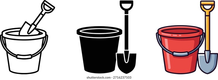 Eimer und Schaufel, Vektorsymbol in Umrissen, solide, und Farbstil, perfekt für Kinderspielzeug, Strandspaß, Outdoor-Sommerspiel-Illustrationen.