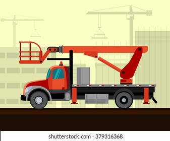 Bucket Sign Crane Mounted On Truck With Construction Background. Side View Mobile Crane Vector Illustration