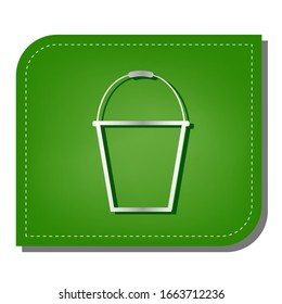Bucket sign for garden. Silver gradient line icon with dark green shadow at ecological patched green leaf. Illustration.