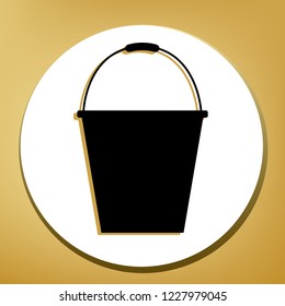 Bucket sign for garden. Vector. Black icon with light brown shadow in white circle with shaped ring at golden background.