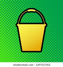 Bucket sign for garden. Vector. Pop art orange to yellow dots-gradient icon with black contour at greenish background.