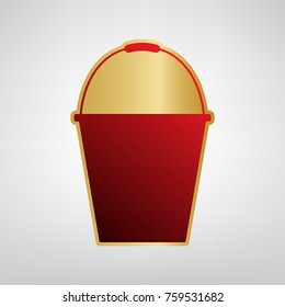 Bucket sign for garden. Vector. Red icon on gold sticker at light gray background.