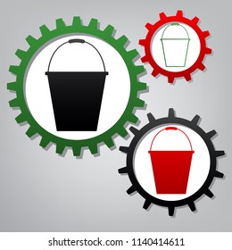 Bucket sign for garden. Vector. Three connected gears with icons at grayish background.